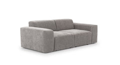 Moderne 2-zitsbank in een lichtgrijze stof met een subtiel lijnpatroon. De bank heeft een minimalistisch ontwerp met brede armleuningen en rechte lijnen, wat een eigentijdse en comfortabele uitstraling geeft.