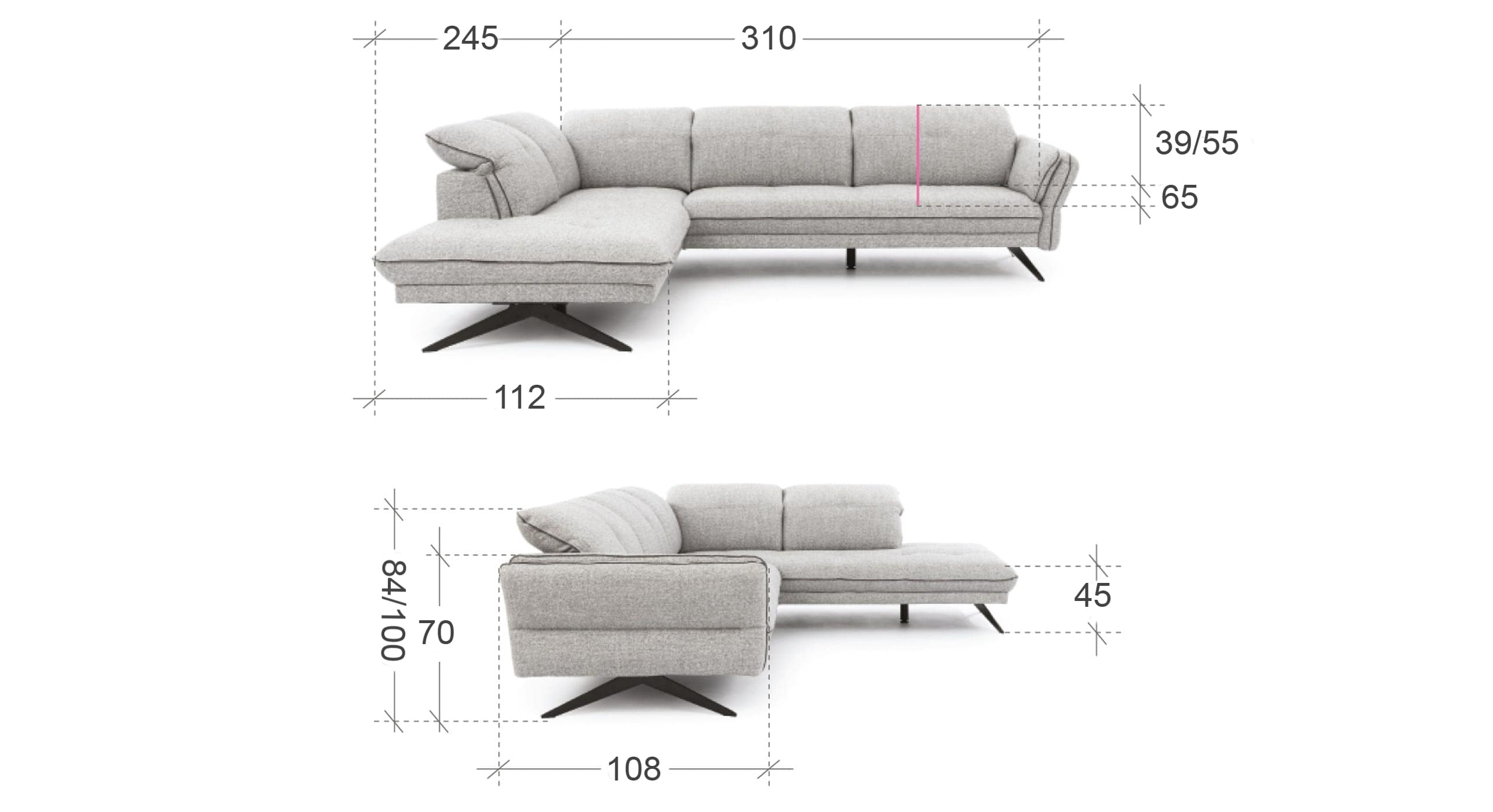 Hoekbank Charm met hoek en eiland links, afgebeeld met afmetingen in centimeters: totale breedte van 310 cm, diepte van 245 cm voor het eiland, en een zithoogte van 45 cm. De rugleuning heeft variërende hoogtes van 39/55 cm tot 84/100 cm, ideaal voor een nauwkeurige ruimteplanning.