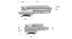 Hoekbank Charm met hoek en eiland links, afgebeeld met afmetingen in centimeters: totale breedte van 310 cm, diepte van 245 cm voor het eiland, en een zithoogte van 45 cm. De rugleuning heeft variërende hoogtes van 39/55 cm tot 84/100 cm, ideaal voor een nauwkeurige ruimteplanning.