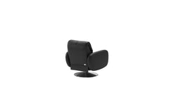 Achteraanzicht van de Elektrische Relaxfauteuil Bold in zwart leer, met een afgeronde rugleuning en stevige, moderne voet, ideaal voor een eigentijdse en comfortabele zithoek.