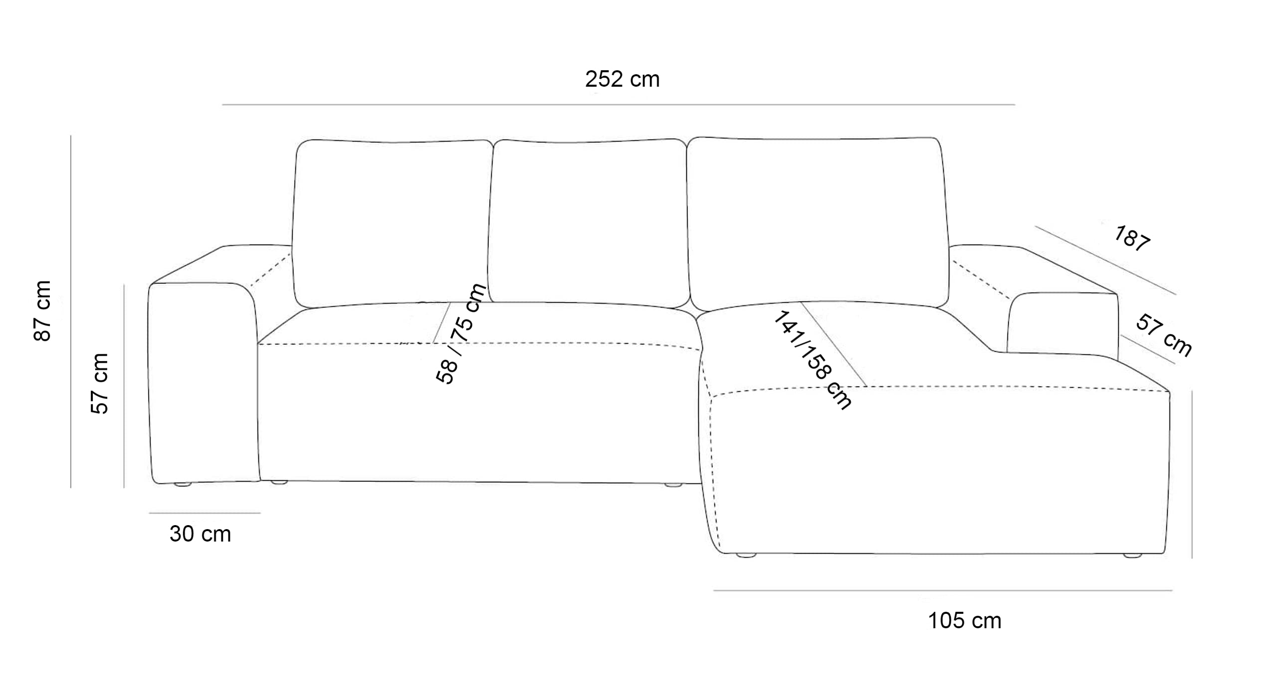 Afmetingen van de Hoekbank Cosy Met Chaise Longue Rechts, met een totale breedte van 252 cm, een diepte van 105 cm voor de chaise longue, en een zithoogte van 41 cm, ideaal voor het plannen van de ruimte in een moderne woonkamer.