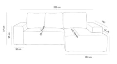 Afmetingen van de Hoekbank Cosy Met Chaise Longue Rechts, met een totale breedte van 252 cm, een diepte van 105 cm voor de chaise longue, en een zithoogte van 41 cm, ideaal voor het plannen van de ruimte in een moderne woonkamer.