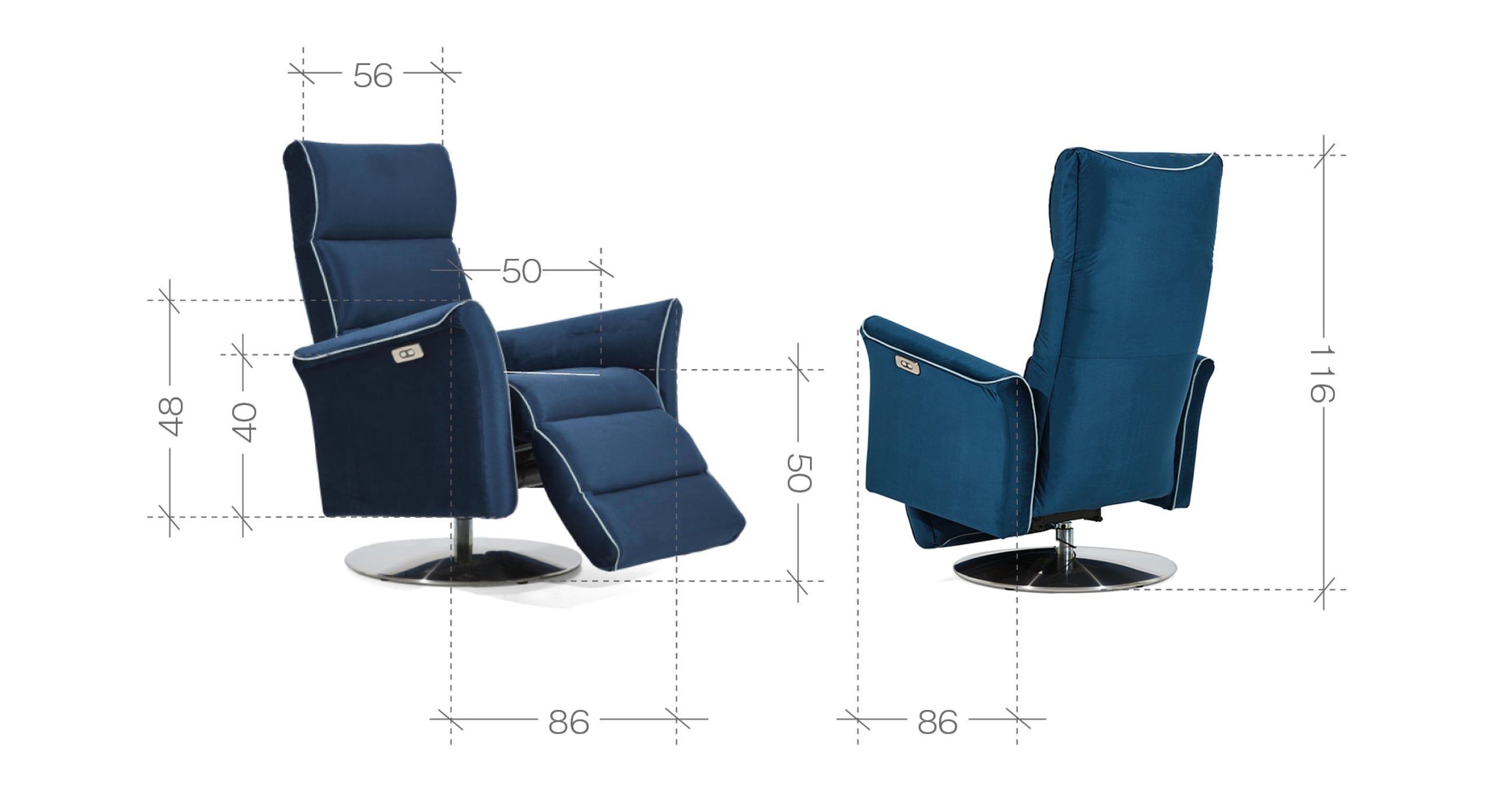 Afmetingen van de blauwe elektrisch verstelbare relaxfauteuil Chill met witte biezen, inclusief hoogte (116 cm), zithoogte (40 cm), en diepte (86 cm).