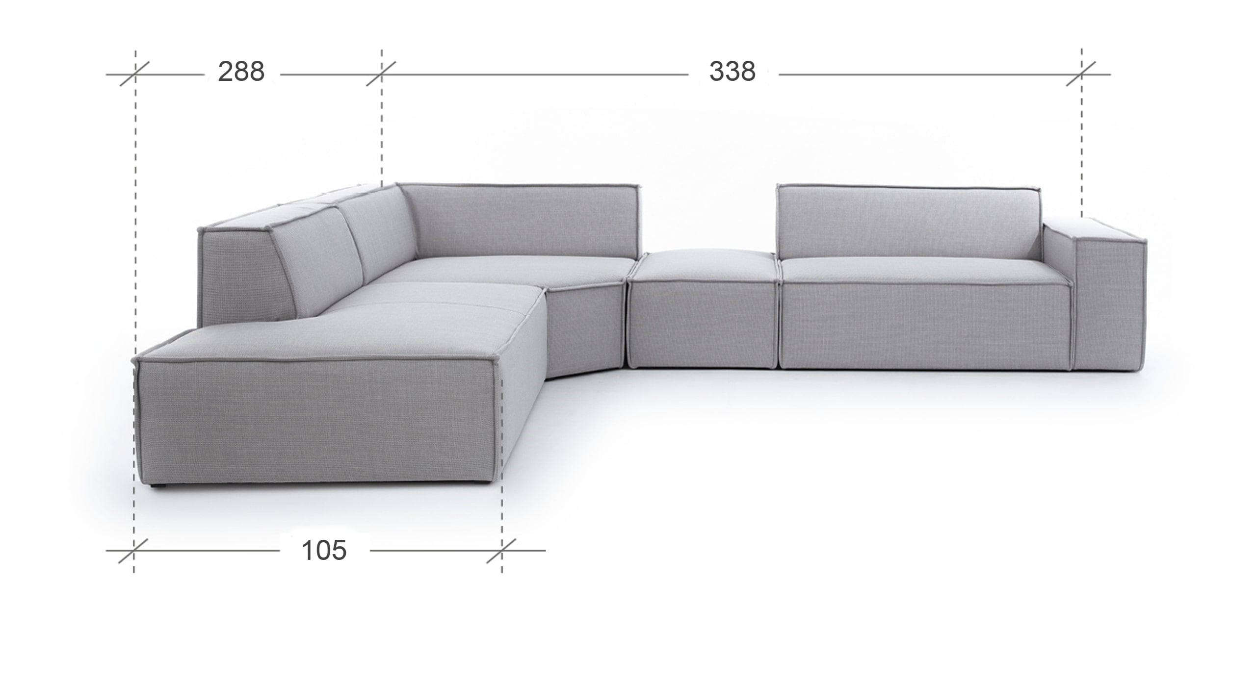 Technische tekening van de grote hoekbank Sense met afmetingen. De linkerzijde meet 288 cm, de rechterzijde 338 cm, en de diepte van de zitplaats is 105 cm. Het ontwerp toont een ruime en flexibele zitopstelling, ideaal voor een moderne woonkamer.