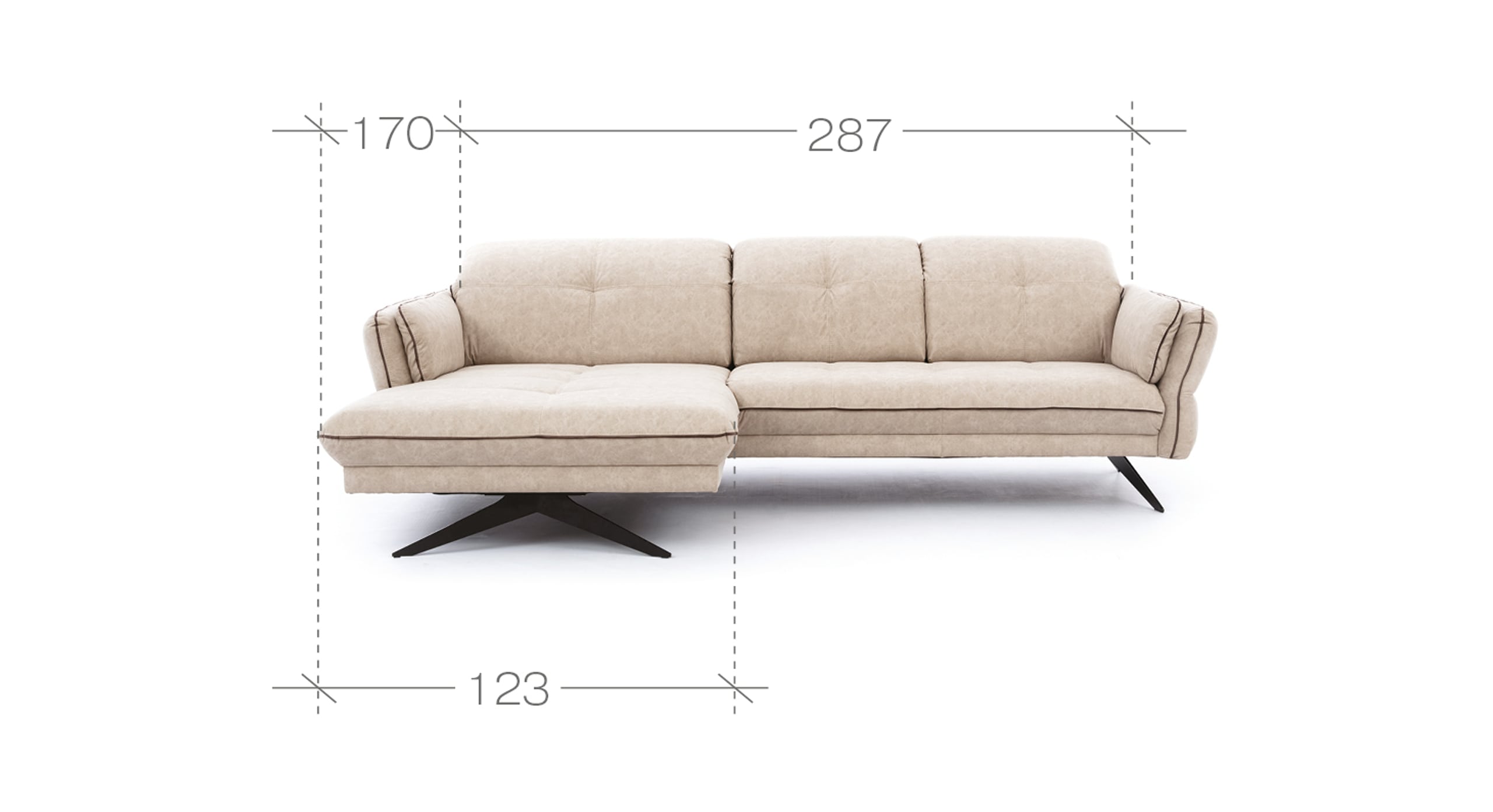 Hoekbank Charm met chaise longue links in beige, afgebeeld met afmetingen: totale breedte van 287 cm, chaise longue diepte van 170 cm, en een zittingdiepte van 123 cm. Voorzien van stijlvolle zwarte metalen poten en gewatteerde zittingen voor comfort en een modern design.