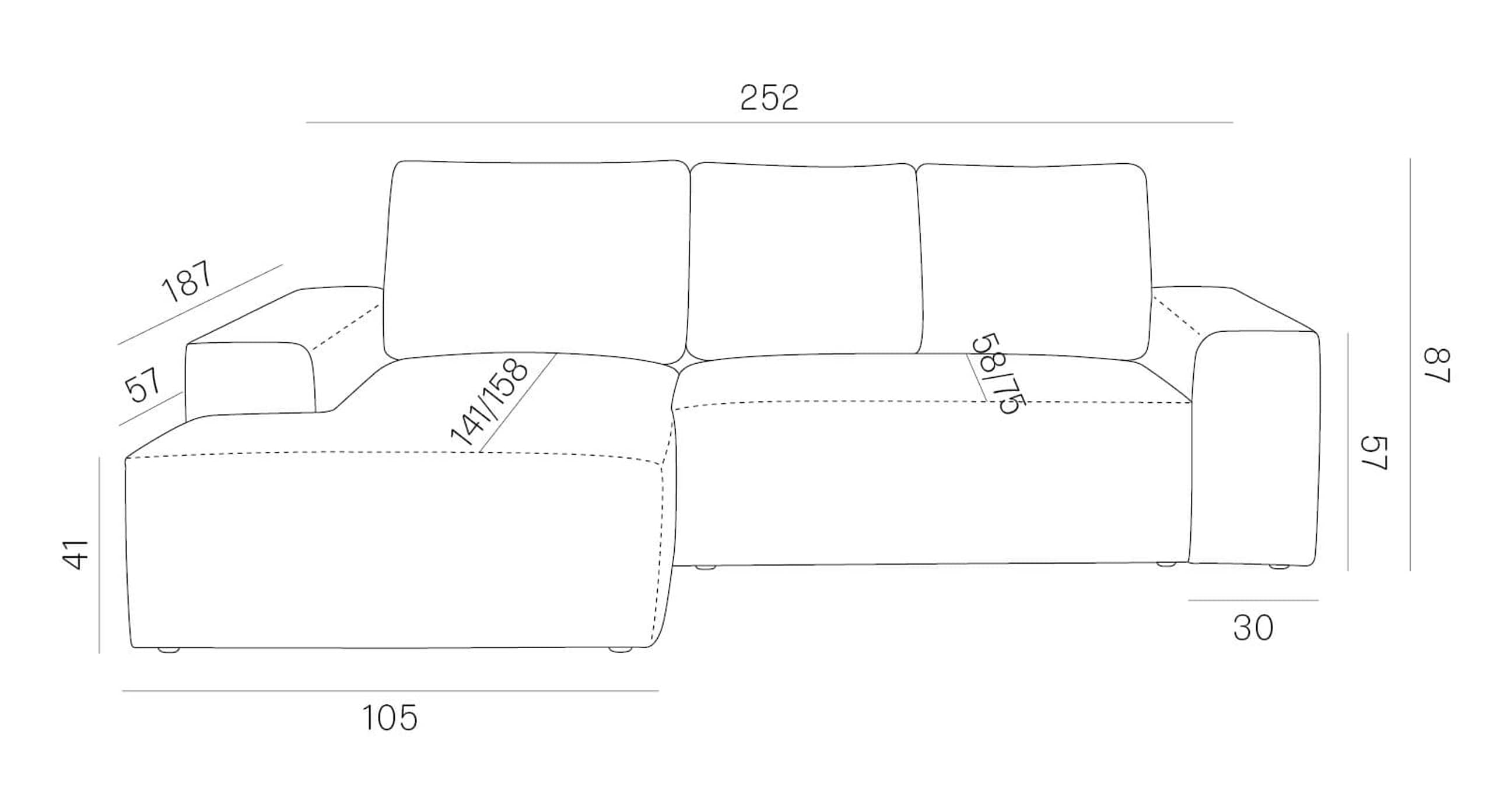 Afmetingen van de Hoekbank Cosy Met Chaise Longue Links, met een totale breedte van 252 cm, een diepte van 167 cm voor de chaise longue en een zithoogte van 41 cm, ideaal voor ruimtelijke planning in de woonkamer.