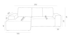 Afmetingen van de Hoekbank Cosy Met Chaise Longue Links, met een totale breedte van 252 cm, een diepte van 167 cm voor de chaise longue en een zithoogte van 41 cm, ideaal voor ruimtelijke planning in de woonkamer.