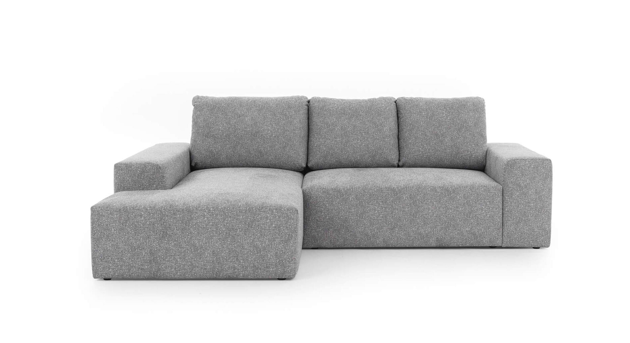 Lichtgrijze Hoekbank Cosy Met Chaise Longue Links met brede armleuningen en een strak, minimalistisch ontwerp, ideaal voor een moderne en comfortabele woonkamer.