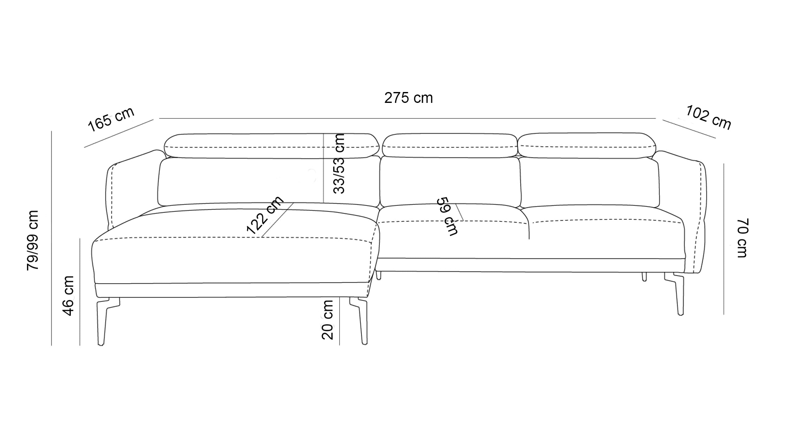 Technische tekening van de Hoekbank Relax met chaise longue links, met afmetingen weergegeven in centimeters. De totale breedte is 275 cm, diepte van de chaise longue is 165 cm, zitdiepte is 53 cm, en de hoogte varieert tussen 70-99 cm met een zithoogte van 46 cm, ideaal voor het plannen van de ruimte in een interieur.