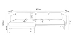 Technische tekening van de Hoekbank Relax met chaise longue links, met afmetingen weergegeven in centimeters. De totale breedte is 275 cm, diepte van de chaise longue is 165 cm, zitdiepte is 53 cm, en de hoogte varieert tussen 70-99 cm met een zithoogte van 46 cm, ideaal voor het plannen van de ruimte in een interieur.