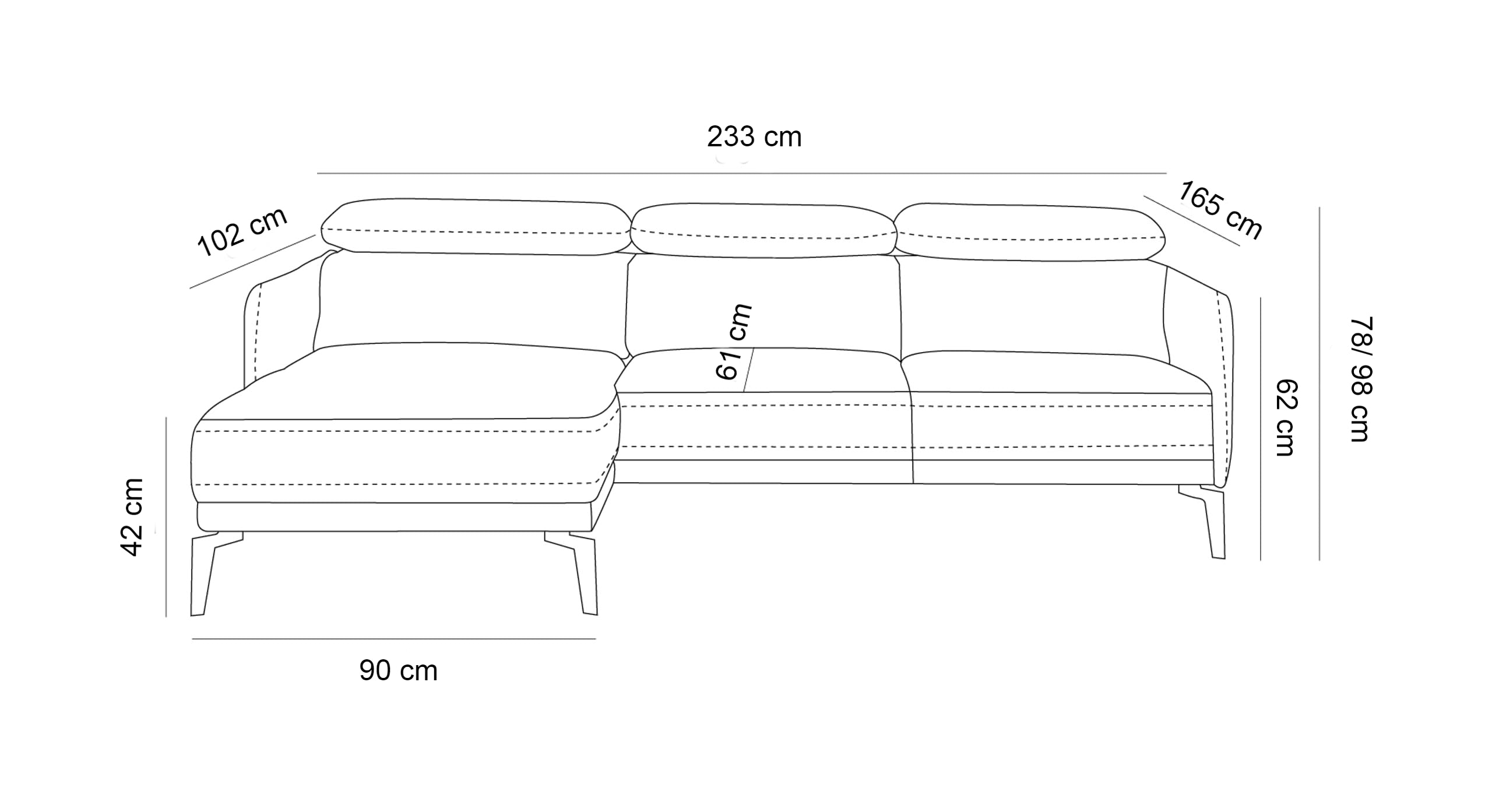 Technische tekening van de Hoekbank Style met chaise longue links, inclusief afmetingen. De totale breedte van de bank is 233 cm, diepte van de chaise longue is 165 cm, zithoogte is 42 cm, en de rugleuninghoogte varieert van 78 tot 98 cm met verstelbare hoofdsteunen. Ideaal voor het plannen van de ruimte in een interieur.