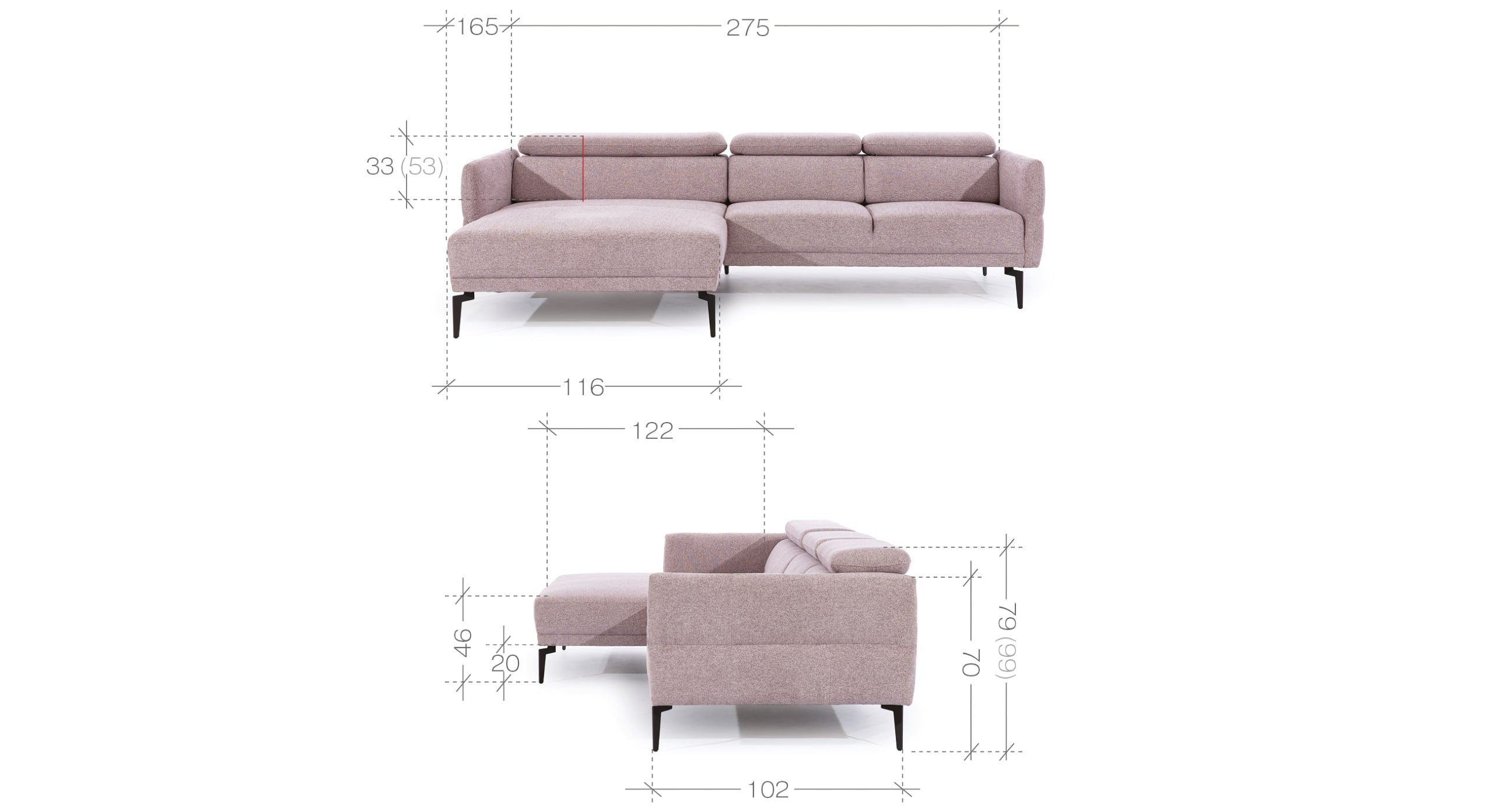 Dubbele aanzichttekening van de Hoekbank Relax met chaise longue links, inclusief gedetailleerde afmetingen in centimeters. De breedte van de bank is 275 cm, de diepte van de chaise longue is 165 cm, zitdiepte is 53 cm, en hoogte varieert tussen 70-99 cm met een zithoogte van 46 cm. Geschikt voor het nauwkeurig inrichten van de ruimte.