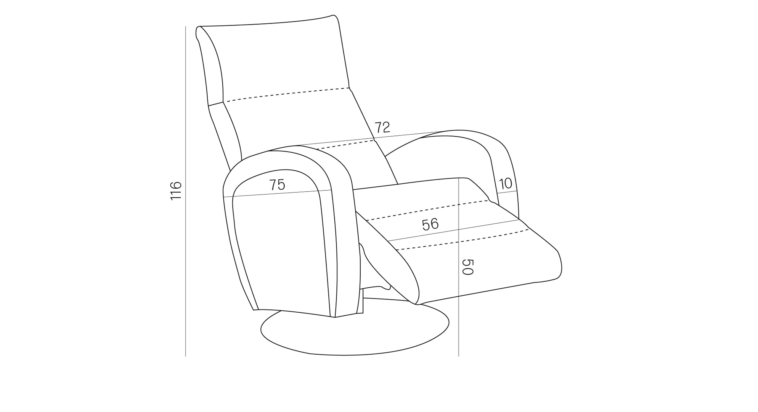 Afmetingen van de Elektrische Relaxfauteuil Joy, met een totale hoogte van 113 cm en details van zit- en ligpositie, ontworpen voor ergonomisch comfort in een moderne setting.