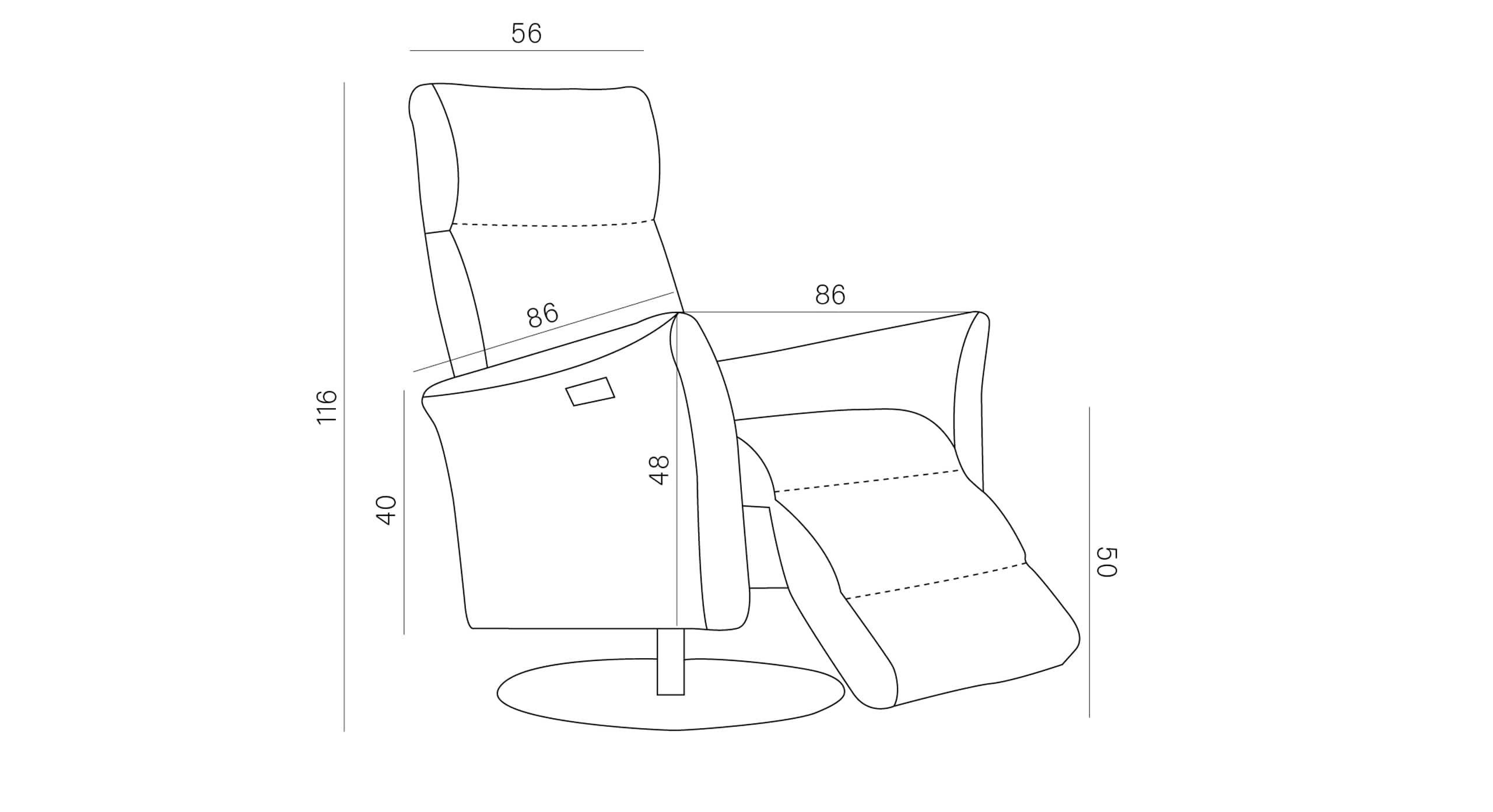 Afmetingen tekening van elektrisch verstelbare relaxfauteuil Chill met exacte afmetingen. De totale hoogte is 116 cm, zithoogte 40 cm, diepte 86 cm, en breedte van de rugleuning 56 cm. De tekening toont de stoel in ligstand, met voetsteun uitgeschoven, ideaal voor comfortabel loungen en ondersteuning.