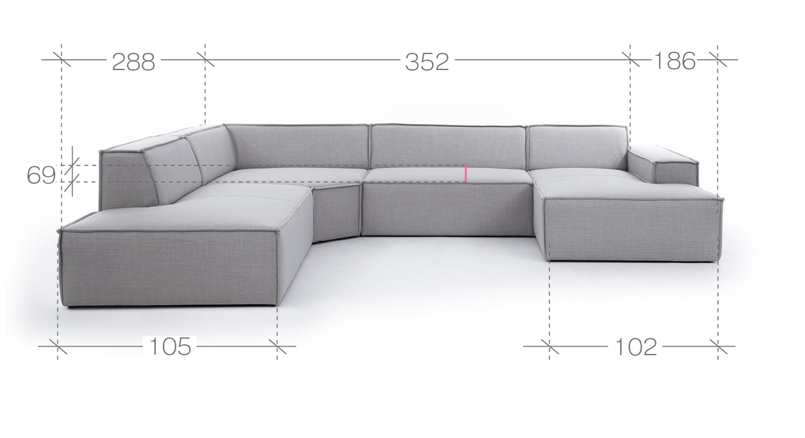 U-bank Sense met chaise longue rechts, afgebeeld met afmetingen in centimeters: breedte van 352 cm, dieptes van 288 cm en 186 cm, hoogte van 69 cm, en diepte van de zitting variërend van 102 cm tot 105 cm. Ideaal voor ruimtelijke planning en inrichting van de woonkamer.