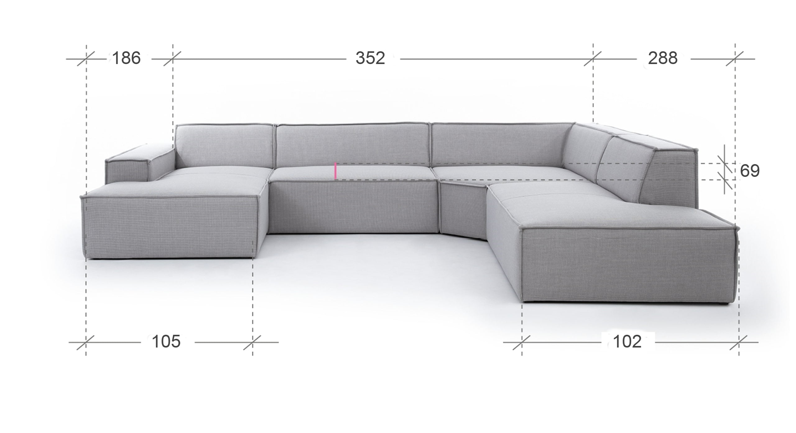 Technische tekening van de U-bank Sense met chaise longue links, inclusief afmetingen. De totale breedte is 352 cm, de diepte van de chaise longue is 186 cm, de zitdiepte aan de rechterkant is 102 cm, en de hoogte is 69 cm. Deze tekening helpt bij het nauwkeurig plannen van de plaatsing in een interieur.